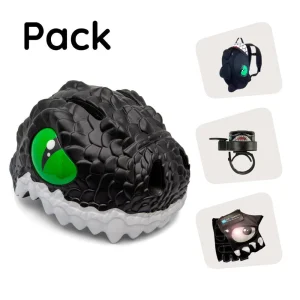 Pack: casco de bicicleta con forma de dragón negro, mochila con forma de dragón, guantes de ciclismo y timbre con forma de dragón para niños